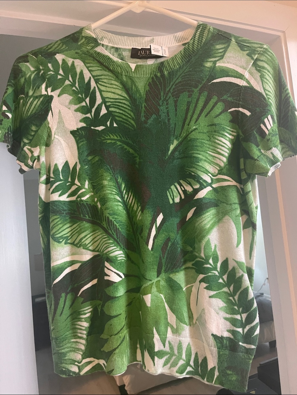Lauren Ralph Lauren Green Tropical Leaf Print Short Sleeve Top
